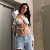 Voguable Women Pure Halter Single Shoulder Long Sleeve Bandage Drawstring Crop Top 2022 Fall Streetwear Outfit Fashion Y2K Party voguable