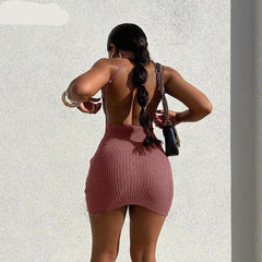 Voguable Sleeveless Solid Ribbed Backless Square Collar Sexy Mini Dress Spring Summer Women Elegant Party Club Outfits voguable