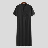 INCERUN Men Fashion Long Robes Short Sleeve Round Neck Robe Man Vintage Solid Color Muslim Kaftan Long Shirts Casual Jubba Thobe voguable