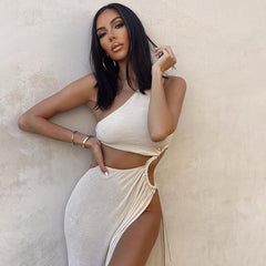 Women Round Cutouts Asymmetrical Neck Elegant Stunning Maxi Dress Midnight Party Robe Female Side Split White Dresses voguable