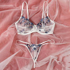 Voguable 2-Piece Floral Bra Set Women Transparent Bra Underwire + Thong Underwear Set Ladies Sexy Lingerie Set voguable