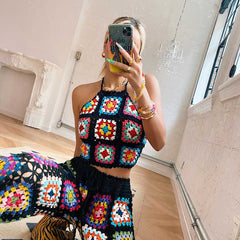 Hand knit Crocheted tops women square pattern retro summer cami Tops Halter Swimwear cover up blouse boho top voguable