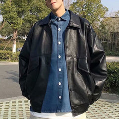 Voguable Vintage Hong Kong style jacket men's spring autumn unisex handsome retro motorcycle jacket leather PU techwear tactical coats voguable