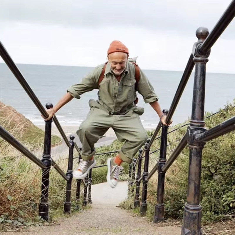 men's wear multi-pockets workwear jumpsuit black green single breasted loose long sleeve turn down collar trousers 9Y4105 voguable