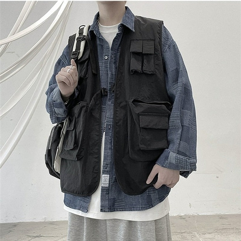Voguable Tooling Vest Men Streetwear Cargo Vest Hip Hop Sleeveless Jacket Gilet Multi-Pocket Outdoors Tactical Coat Techwear voguable