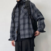 Voguable Japanese Fashion Retro Woolen Tooling Plaid Shirt for Men Cotton Turn-down Collar Buttons Long Sleeve Loose Casual Harajuku voguable
