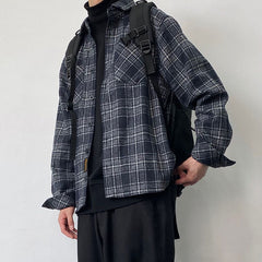 Voguable Japanese Fashion Retro Woolen Tooling Plaid Shirt for Men Cotton Turn-down Collar Buttons Long Sleeve Loose Casual Harajuku voguable