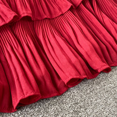 Summer Green/Pink/Red Pleated Spaghetti Strap Dress Women Sexy V-Neck High Waist Sleeveless Cascading Ruffle A-Line Draped Robe voguable