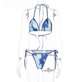 Hugcitar 2021 Tie Dye Print Bandage Sleeveless Crop Top Bra Pantied 2 Pieces Set Summer Women Outfits Tracksuit Swimwear voguable