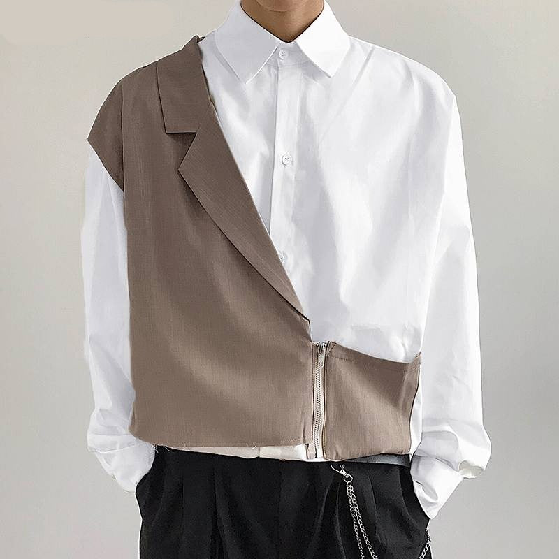 Voguable 2022 Fashion Men Casual Shirt Lapel Patchwork Long Sleeve Button Zipper Streetwear Fake Two Pieces Tops Camisas S-5XL INCERUN voguable