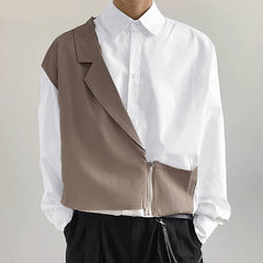 Voguable 2022 Fashion Men Casual Shirt Lapel Patchwork Long Sleeve Button Zipper Streetwear Fake Two Pieces Tops Camisas S-5XL INCERUN voguable