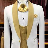 Voguable White Wedding Tuxedo for Groom with Gold Shawl Lapel 3 Piece Custom Slim Fit Men Suits Set Jacket Vest Pant Male Fashion Clothes voguable