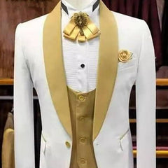 Voguable White Wedding Tuxedo for Groom with Gold Shawl Lapel 3 Piece Custom Slim Fit Men Suits Set Jacket Vest Pant Male Fashion Clothes voguable