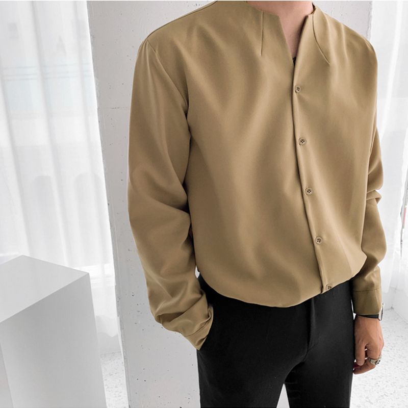 Voguable Fashion Men Brand Shirt Solid Long Sleeve V Neck Chic Button Casual Blouse 2021 Streetwear Korean Style Shirts Camisas voguable