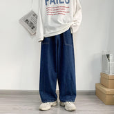 Men Wide Leg Jeans Baggy Retro Blue Japanese Simple Leisure Stylish Soft All-match Pocket Large Size S-3XL Solid New-fashion Hot voguable