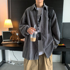 Voguable Spring Men Clothing Corduroy Shirt Long Sleeve Khaki Pure Color Casual Loose Handsome All-match Harajuku Japanese Fashion voguable