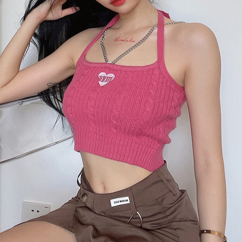 Pink Summer Halter Knitted Crop Top Women 90s Backless Tanks Camis with Chains Fashion Streetwear Camisole voguable
