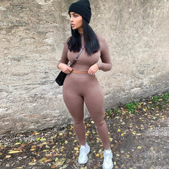 Voguable Long Sleeve Sexy Crop Tops Leggings 2 Pieces Set Summer Women Streetwear Outfits Pure Tracksuit Joggings Suit voguable