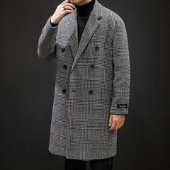Voguable Casual Double Breasted Mens Wool Overcoat Winter 2019 Houndstooth Jacket Men Turn-down Collar Long Woollen Wind Coat voguable