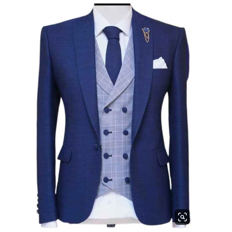 Voguable 3 Piece Blue Men Suits for Wedding Peaked Lapel Groom Tuxedo Male Fashion Set Jacket Plaid Vest with Pants New Arrival 2021 voguable