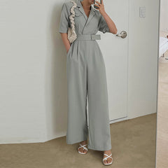 Summer Short Sleeve Jumpsuit Women High Waisted Straight Wide Leg Pant Overalls Office Lady Work Combinaison Femme Korean voguable