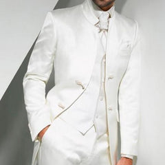 Voguable Vintage White Long Tunic Men Suits for Groom Wedding Tuxedo with Stand Collar 3 Piece Male Fashion Clothes Set Jacket Vest Pants voguable
