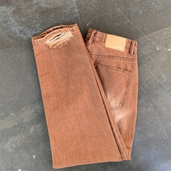Voguable  2022 Trendyol Jeans Men Brown Blue Denim Trousers Ripped Bottom Full Straight Casual Pants Man voguable