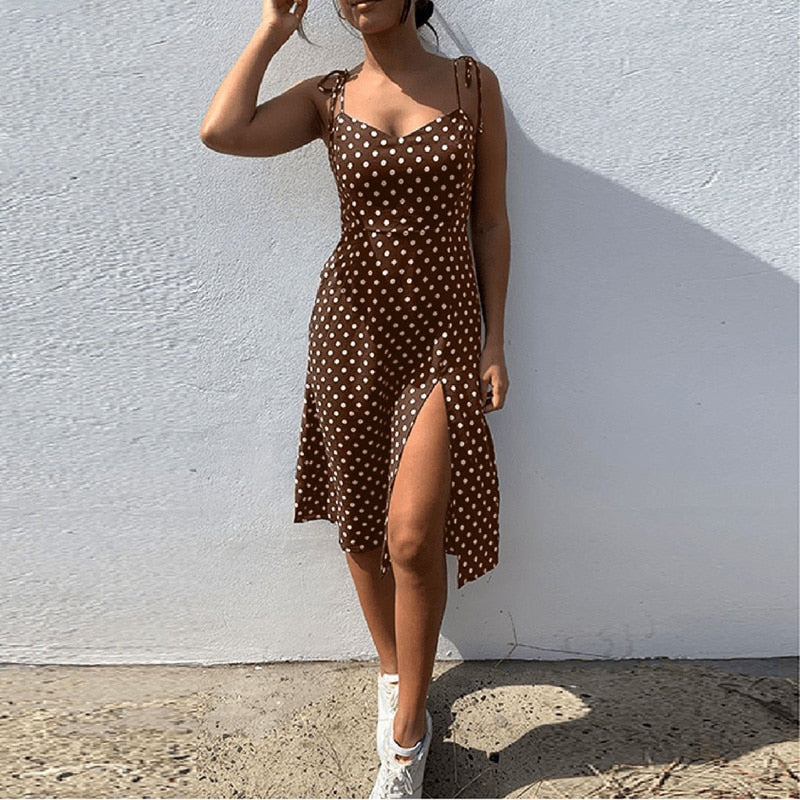 Voguable  Dresses 2022 Sundress Summer Women Causal Polka Dot Sleeveless High Pleated elastic waist V-Neck Beach Dress Vestidos De Verano voguable