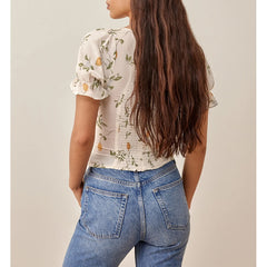 Summer Tops For Women Sweetheart Neck Tie Bow Fruit Print Blouses Back Smocked Short Puff Sleeve Elegant Chiffon Blouse voguable