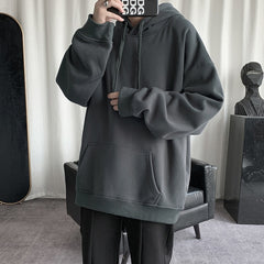 Korean Men's Solid Color Sweatshirt Hoodies  Casual Hooded Pullovers Hoodie Warm Fleece Male Loose Man Clothing 3XL voguable