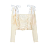 Voguable 2022 Elegant Square Collar Women Spring Shirts Solid Color Puff Sleeve Slim Blouses Crop Tops Ladies Sexy V-neck Long Sleeve Shirt voguable