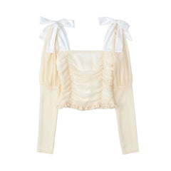 Voguable 2022 Elegant Square Collar Women Spring Shirts Solid Color Puff Sleeve Slim Blouses Crop Tops Ladies Sexy V-neck Long Sleeve Shirt voguable