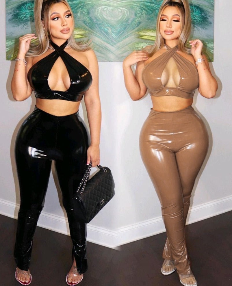Voguable Pu Leather Halter Hollow Out Crop Top High Waist Slim Leggings 2 Pcs Matching Sets Fall Women Fashion Streetwear voguable