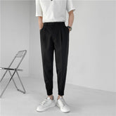 2021 New Summer Men's White Suit Pants Korean Stylish Trousers Male Elastic Waist Solid Tapered Ankle Length Casual Pants Man voguable