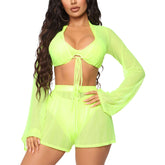 Voguable 2pcs Women Long Sleeve Cover-ups Sets Bikini Cover Up Summer Ladies Sexy Top + Swim Shorts Beach Ladies Swimsuits Bathing Suit voguable
