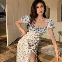 Voguable 2022 Dresses Women Side-slit French Style Print Leisure Puff Sleeve All-match Sexy Ladies Vestidos Vintage College Birthday Party New voguable