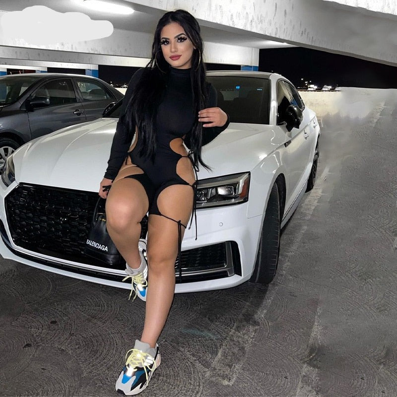 Voguable Solid Long Sleeves O Neck Cut Out Drawstrings Bandage Playsuit 2021 Summer Fall Bodycon Sexy Party Club Elegant Y2K voguable