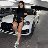 Voguable Solid Long Sleeves O Neck Cut Out Drawstrings Bandage Playsuit 2021 Summer Fall Bodycon Sexy Party Club Elegant Y2K voguable