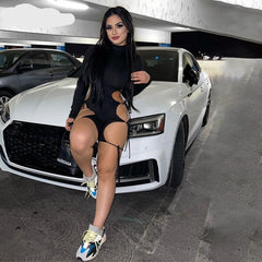 Voguable Solid Long Sleeves O Neck Cut Out Drawstrings Bandage Playsuit 2021 Summer Fall Bodycon Sexy Party Club Elegant Y2K voguable