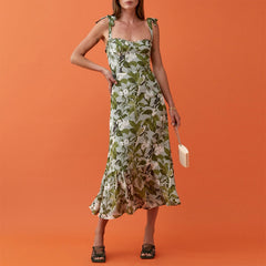 Dresses For Women Party Elegant Ruffle Hem Beach Summer Dress Sweetheart Neck Tie Strap Tropical Print Chiffon Midi Dress voguable