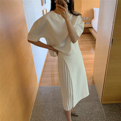 Summer Korean Skirt Suits Women Two Piece Set Short Sleeve O-neck Top + High Waist Long Pleated Skirt 2 Piece Outfits Elegant voguable