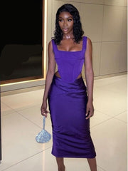 Purple Corset Satin Square Neck Crop Top And Draped Midi Dress Sets Slim Long Skirt Suits Two Piece Sets Womens Outfits voguable