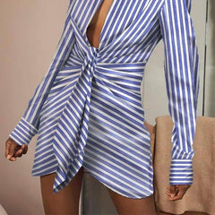 Women Elegant Turn-Down Collor Folds Party Dress Casual Striped Printed Ladies Shirt Dress Autumn Long Sleeve Slim Fitness Dress voguable