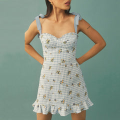 Casual Dresses For Women Elegant Sweetheart Neck Sleeveless Tie Strap Summer Dress Floral Print Plaid Ruffle Hem Mini Dress voguable