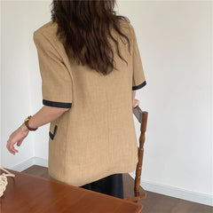 CHEERART Vintage Brown Short Sleeve Blazer Women Summer Designer Jackets Single Button Up Khaki Coat Suit Korean Fashion Clothes voguable