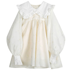 Spring Peter pan collar a-line above-knee length street wear lovely Princess style long sleeve white dress voguable