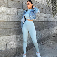 Voguable Long Sleeve Sexy Crop Tops Leggings 2 Pieces Set Summer Women Streetwear Outfits Pure Tracksuit Joggings Suit voguable