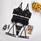 Voguable Feather Lingerie Set Sexy Underwear Set Transparent Lingerie Women 3 Pcs Set Female Underwear Bra And Panty Set voguable