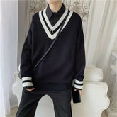 Men Pullovers Winter Thick V-neck Preppy Style Autumn Loose Sweaters Patchwork All-match Leisure Hip-Hop Fashion Retro Students voguable