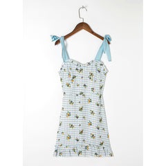 Casual Dresses For Women Elegant Sweetheart Neck Sleeveless Tie Strap Summer Dress Floral Print Plaid Ruffle Hem Mini Dress voguable